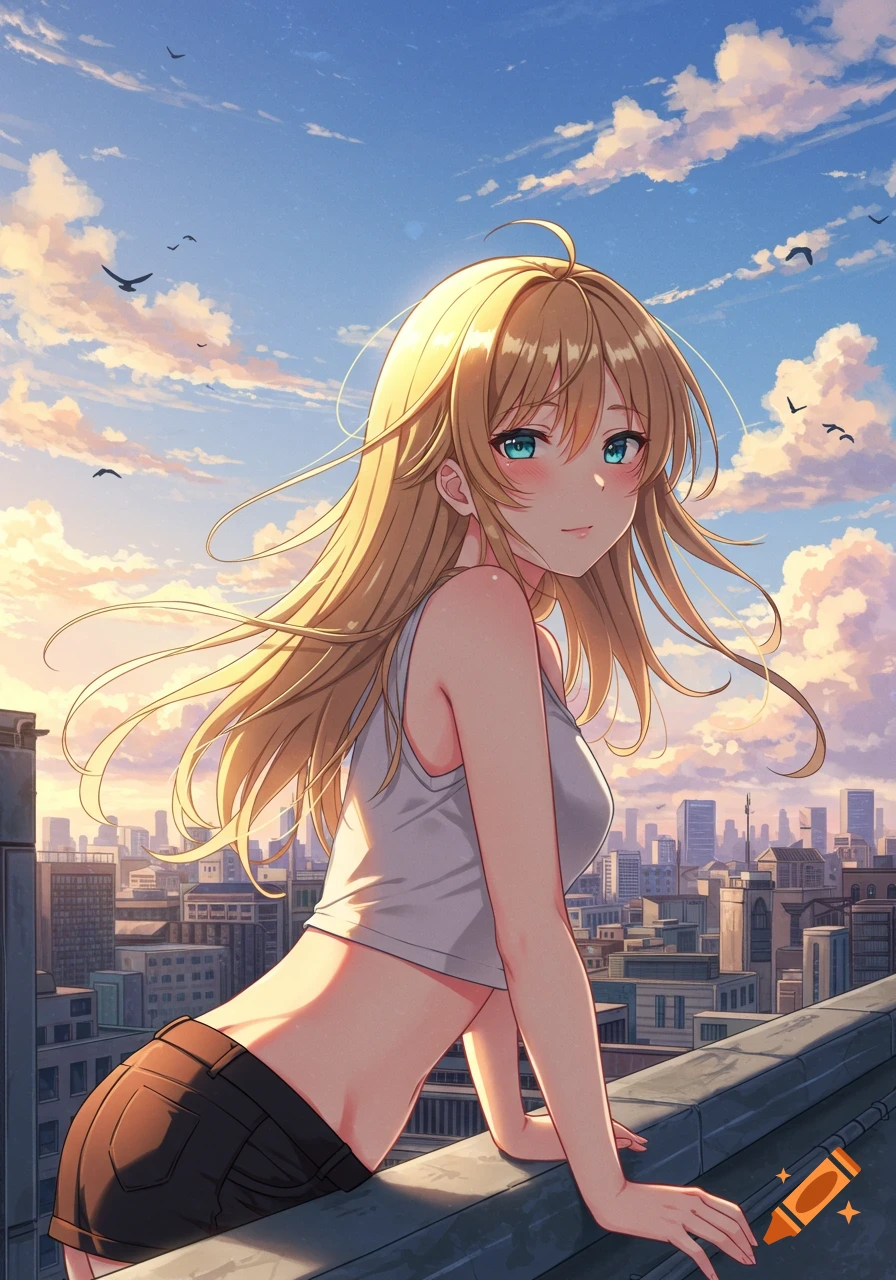 Anime girl with long blonde hair, crop top, and shorts leaning on a rooftop railing, overlooking a city at sunset.