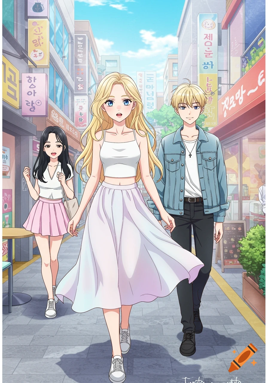 Three anime-style young adults, two women and one man, walk down a bustling Seoul street lined with shops.