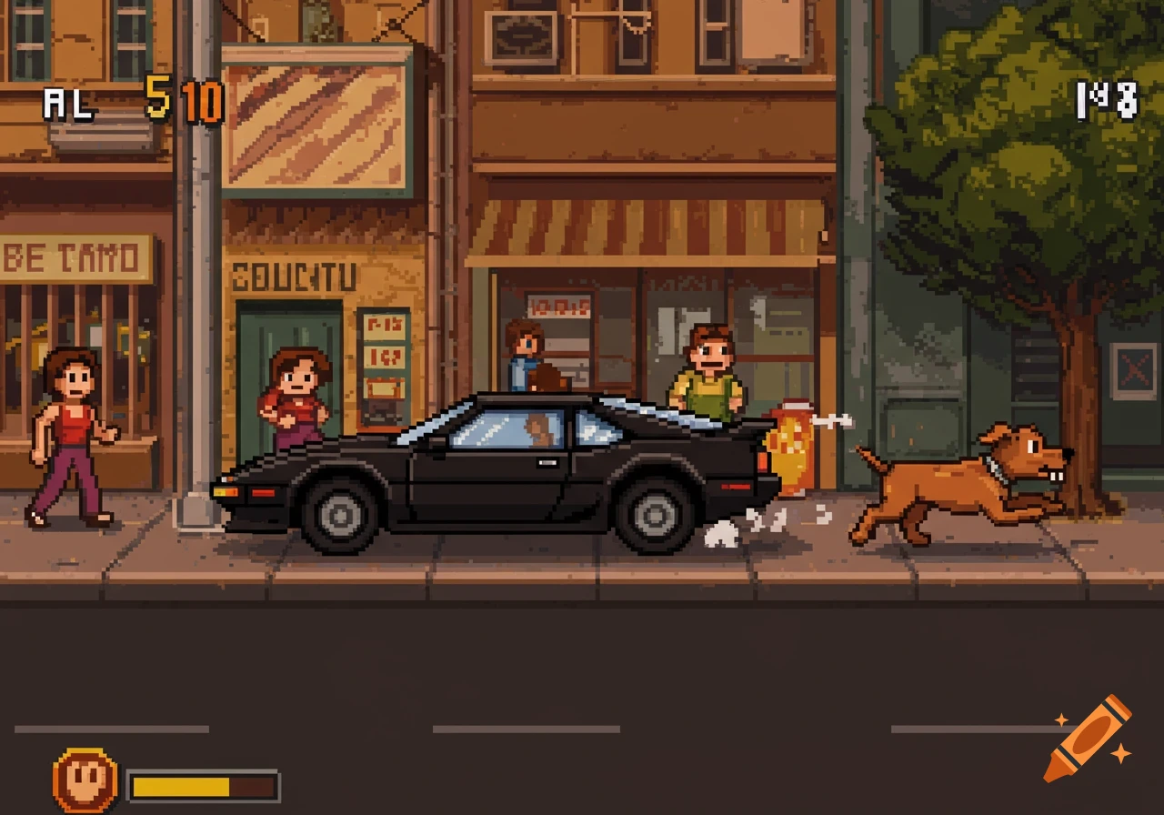 Pixel art of a black car speeding down a city sidewalk, chased by a brown dog, with people and buildings in the background.