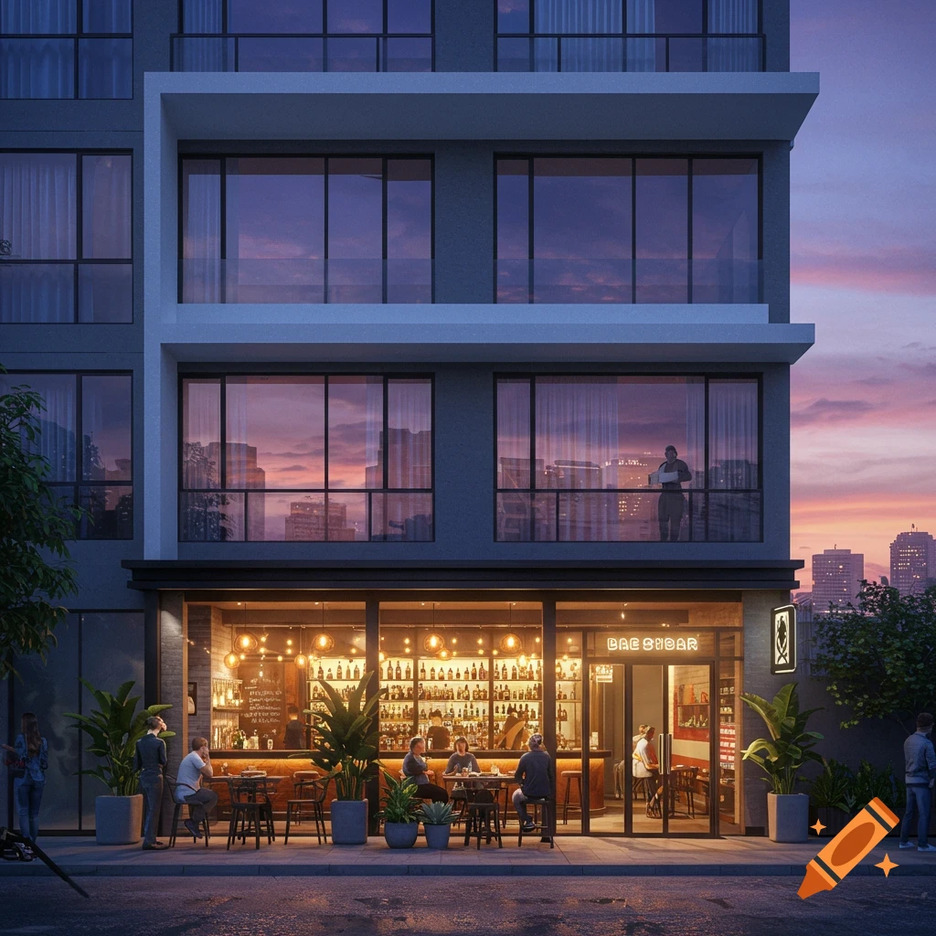 Photorealistic image of a semi-modern apartment building with a trendy bar on the ground floor at sunset, with people inside and on the street.
