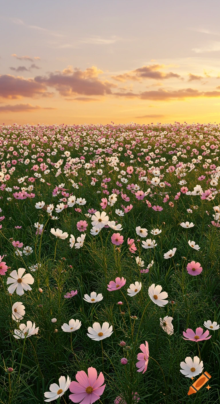 A serene field of white and pink cosmos flowers under a golden hour sky with warm, soft clouds.