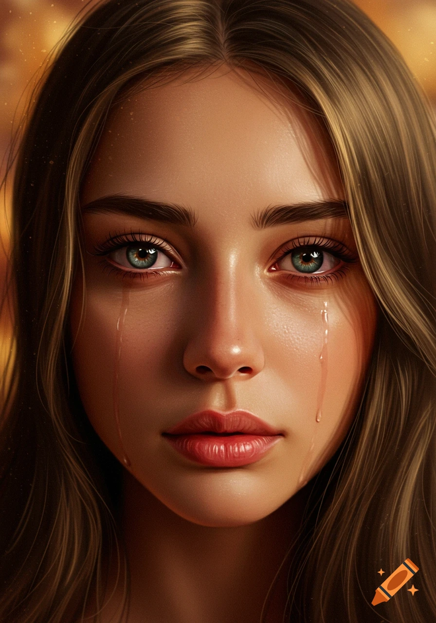 Close-up, photorealistic portrait of a beautiful woman with long brown hair and green eyes, tears streaming down her cheeks, conveying emotion.