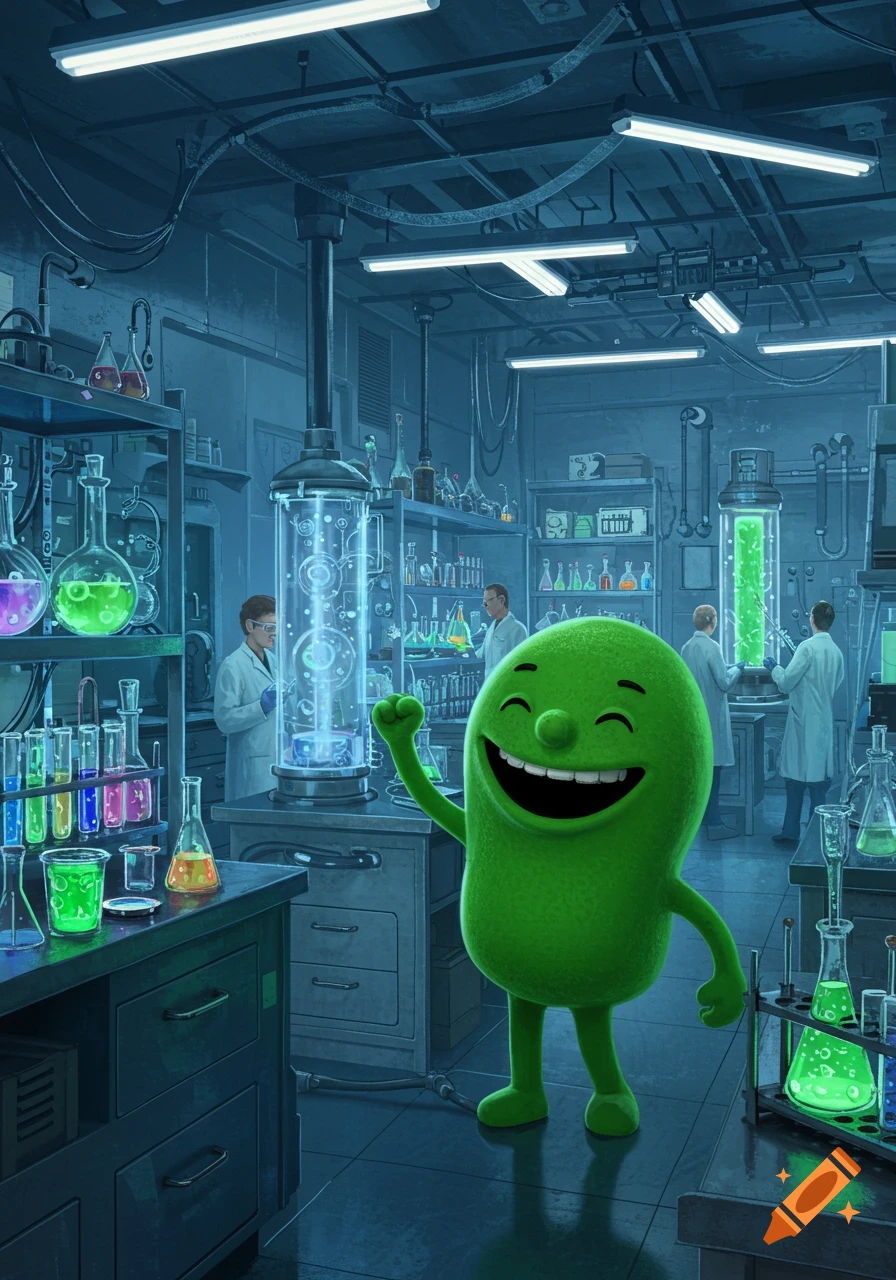 A happy green bean-shaped character waving in a blue-lit science lab filled with scientists, glowing vials, and lab equipment.