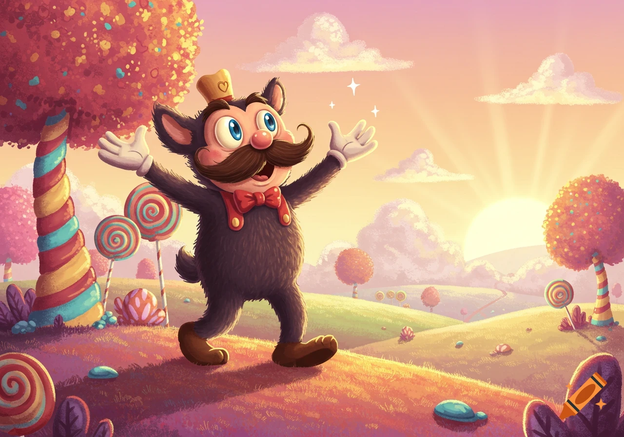 A happy, fluffy, cat-like cartoon character with a mustache and crown, standing in a vibrant candy land at sunset.