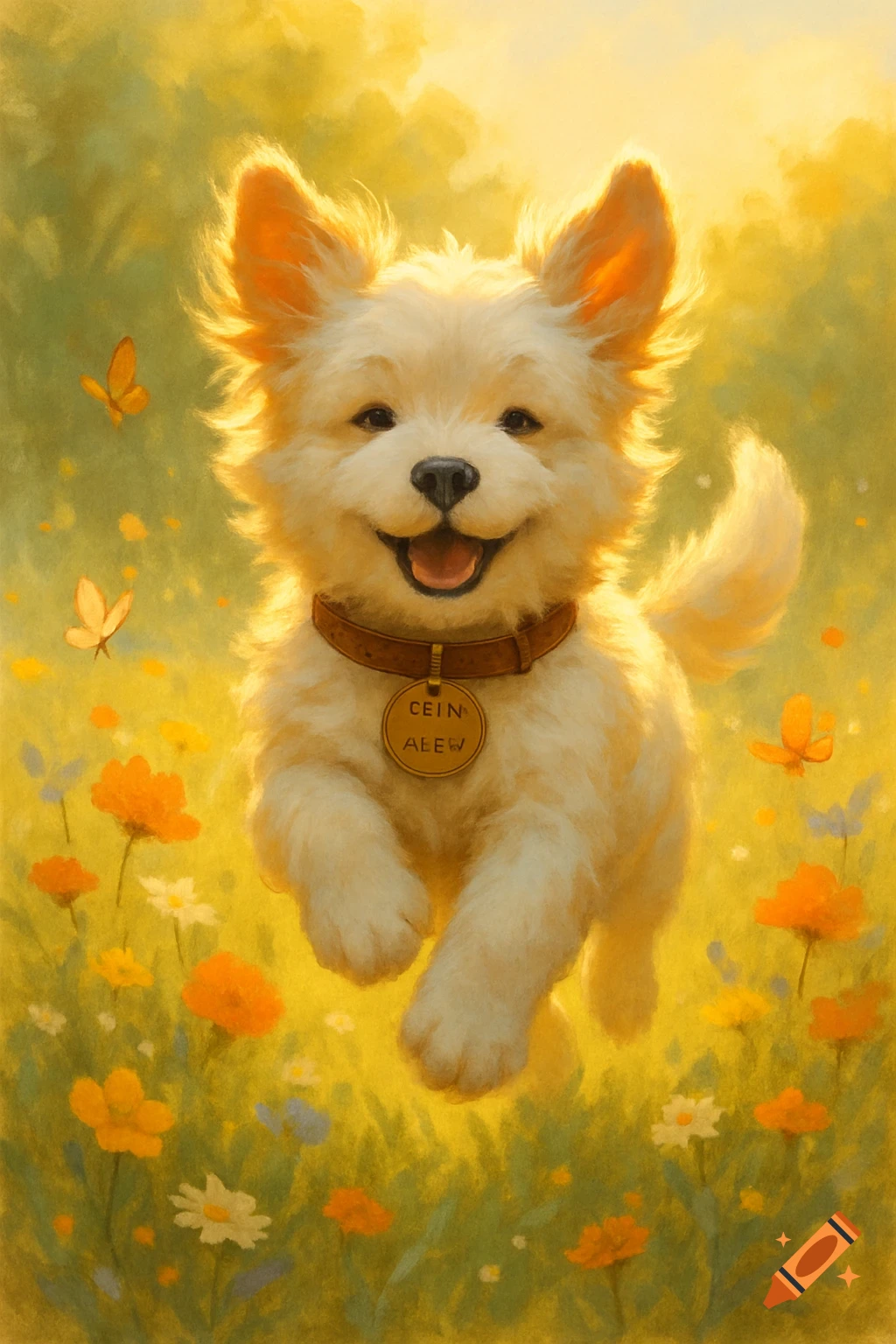 A happy, fluffy cream puppy with a collar runs through a sunny field of yellow and white flowers with butterflies in a painterly style.