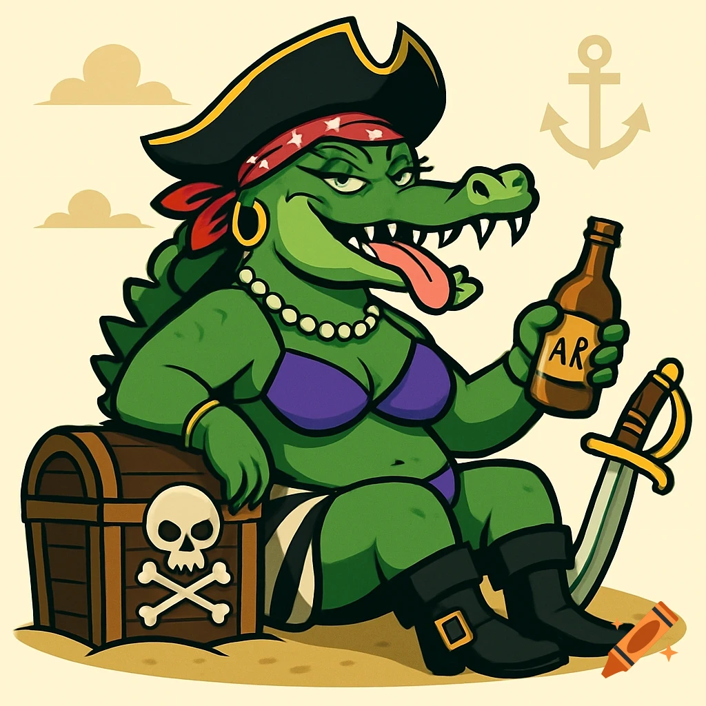 Cartoon crocodile pirate in a bikini and tricorn hat, holding a bottle, seated by a treasure chest and cutlass in Total Drama Island style.
