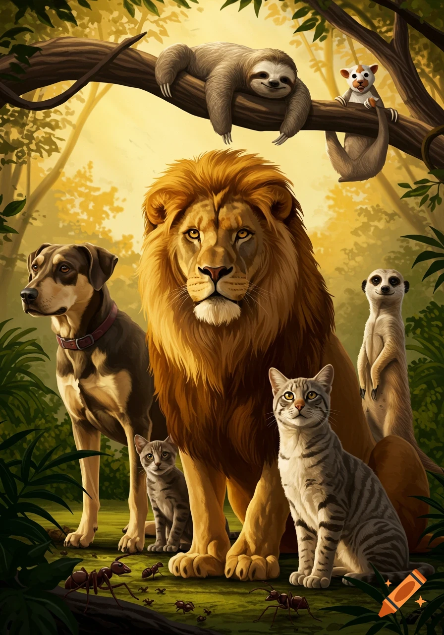 A vibrant illustration of a lion, dog, cat, and meerkat standing in a jungle, with a sloth and another small animal on a branch overhead, and ants on the ground.