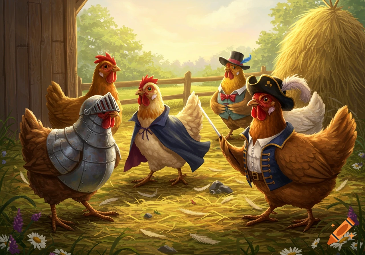 A group of chickens dressed in elaborate costumes, including a knight, a wizard, a gentleman, and a pirate, in a sunny farm field.