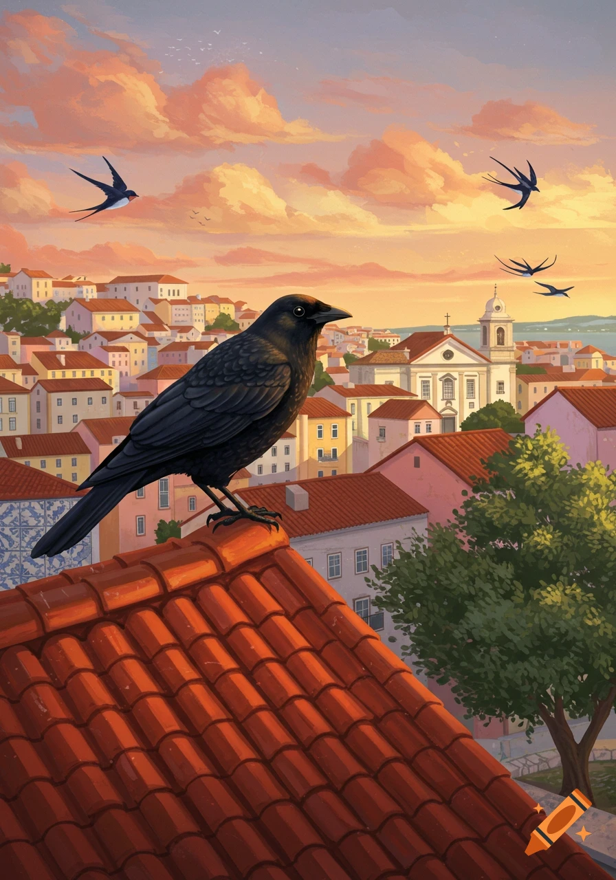 An illustrated black bird perches on a red tiled roof, overlooking a European city at sunset with a church, pastel buildings, and swallows flying.
