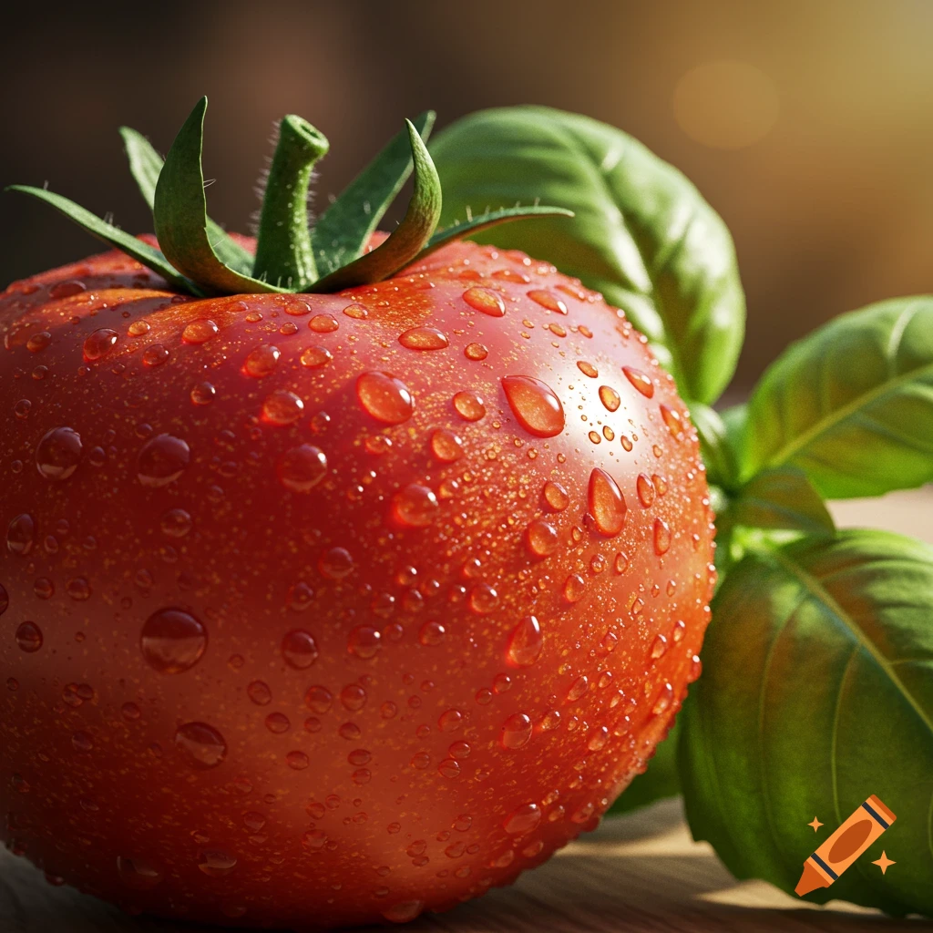 A fresh red tomato covered in water droplets, with green basil leaves in the background, in a photorealistic style.