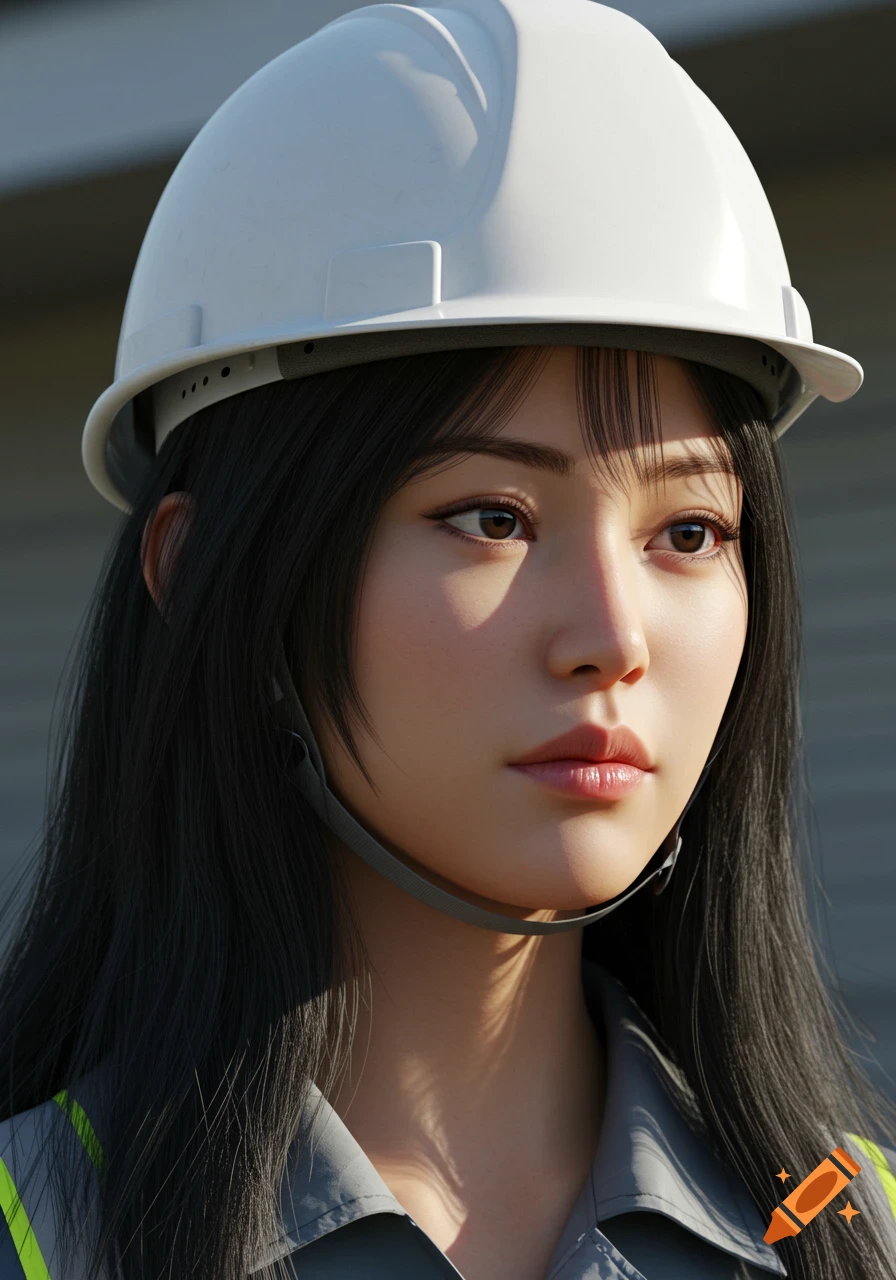 Photorealistic portrait of a young Asian woman in a white hard hat and work uniform, with a focused expression.