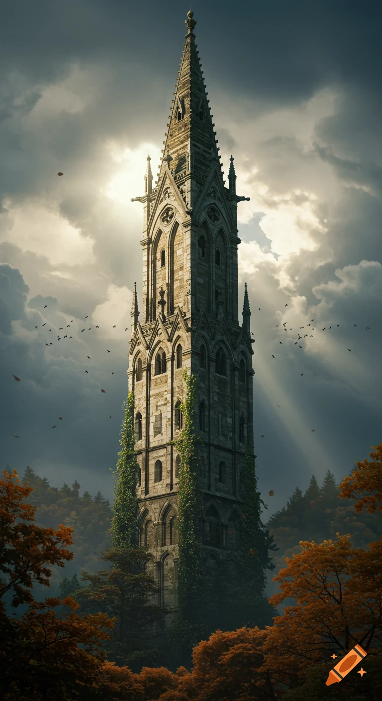 A tall, gothic-style stone tower covered in vines stands dramatically in an autumn forest under a stormy, sunlit sky.