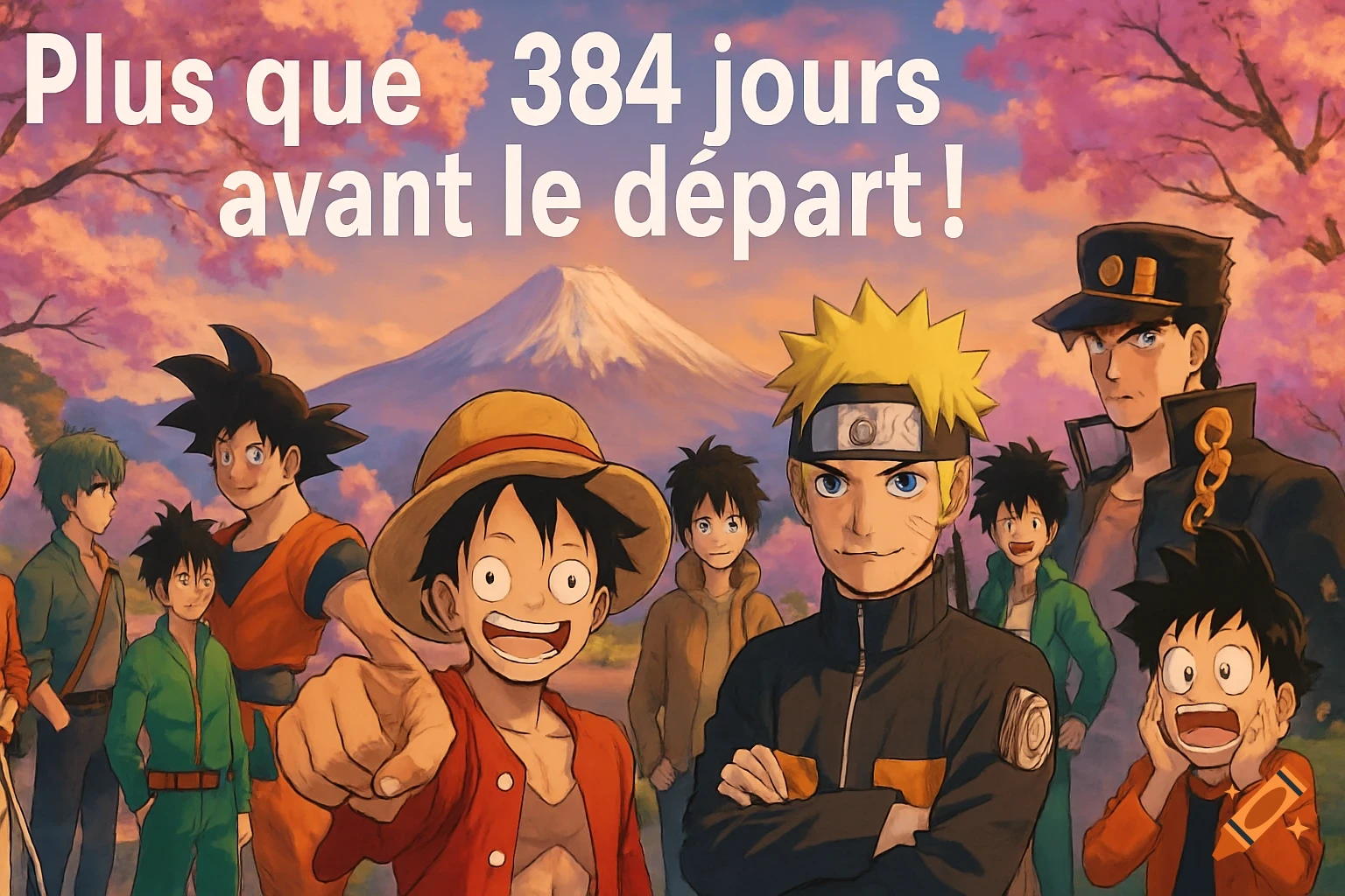 Popular manga characters Luffy, Naruto, Goku, and Jotaro stand in a cherry blossom field with Mount Fuji, with text 'Plus que 384 jours avant le départ!'.