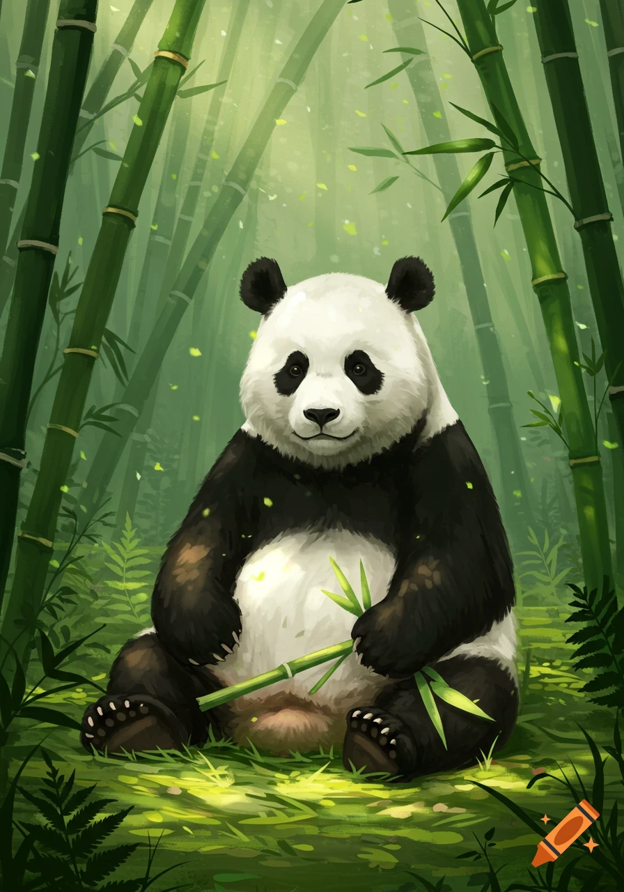 An illustrated giant panda sits in a lush bamboo forest, holding a bamboo shoot. Sunlight filters through the green canopy.