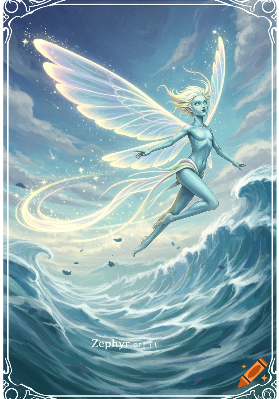 Fantasy illustration of a pale blue fairy with glowing translucent wings, flying over crashing ocean waves under a starry sky.