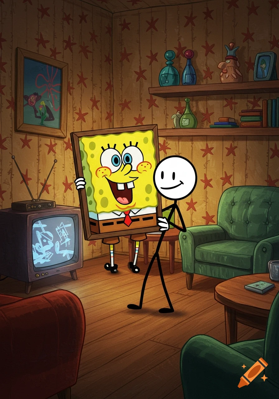 A stickman holds a framed portrait of Spongebob SquarePants in a cozy cartoon living room with a TV and armchairs.