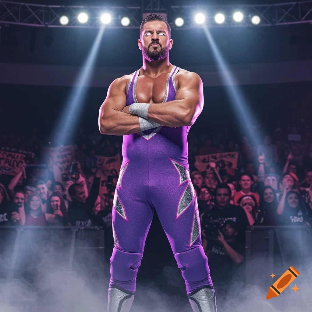 A confident male wrestler in a purple and silver outfit with glowing eyes stands in a ring, crowd blurred in the background.