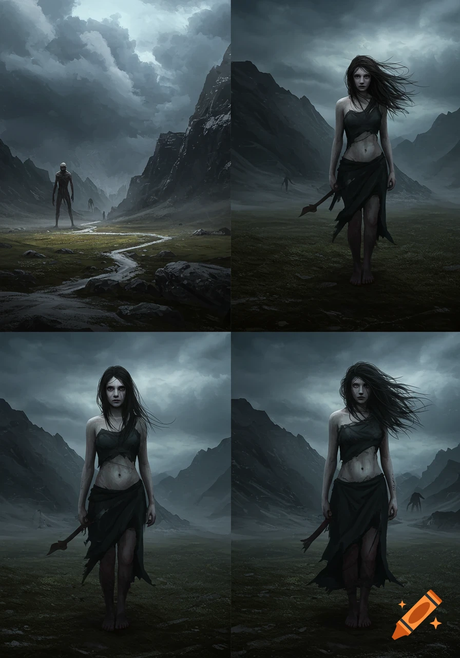 A dark-haired woman in tattered clothing stands in a gloomy, mountainous landscape with distant creature figures, in a moody, realistic painting style.