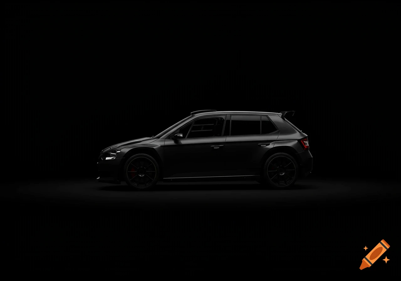 Sleek, dark profile of a Skoda Fabia R5 Rally car on a black background.