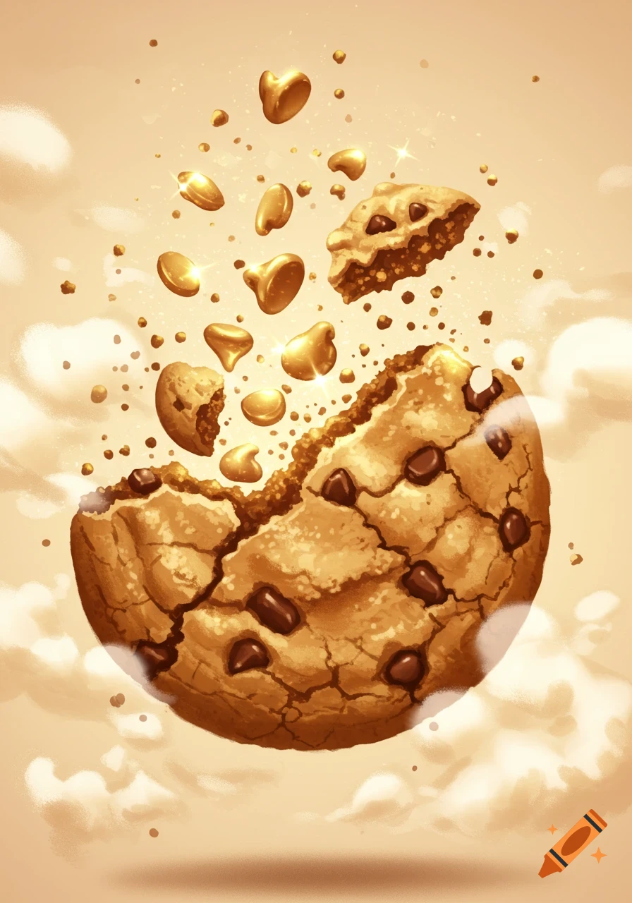 Illustrated chocolate chip cookie breaking apart, crumbs and golden chips floating against a warm, cloudy background.