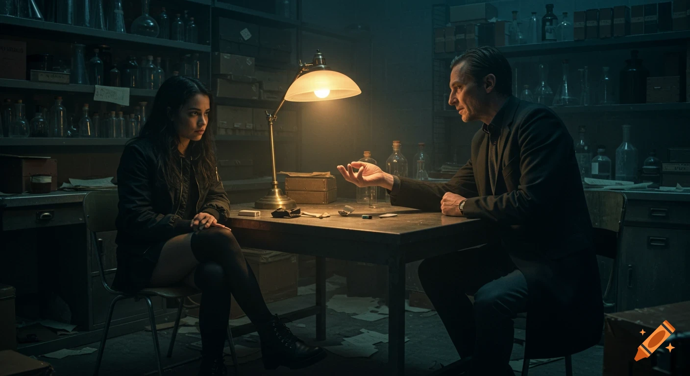 Two people sit at a metal table in a dark, cluttered lab, lit by a desk lamp. A man offers a pill to a woman. Realistic, cinematic style.