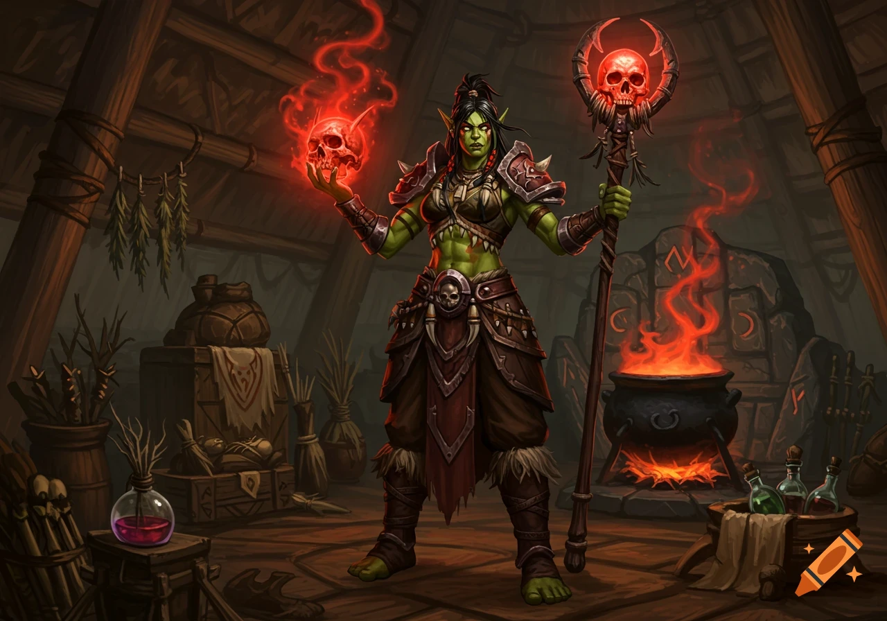 A powerful green-skinned female orc shaman with red glowing skulls and a staff stands in her tribal hut with a cauldron and potions.