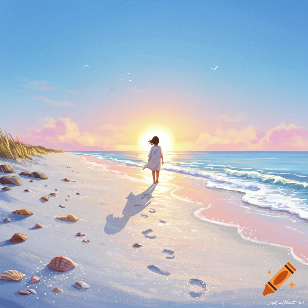 A person walks along a sandy beach towards a bright sunset, leaving footprints in the wet sand, in a painterly digital art style.