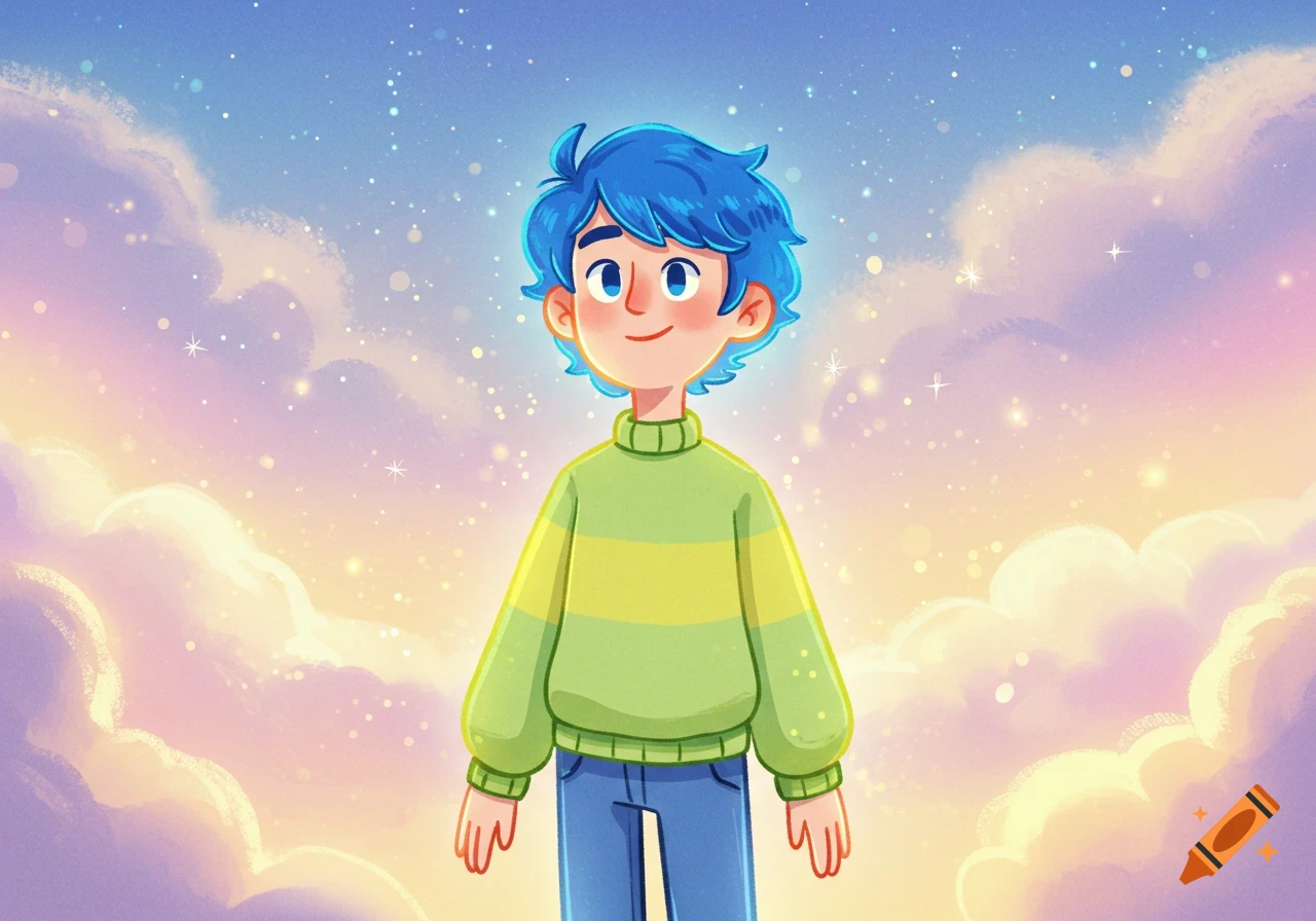 Illustration of a cheerful cartoon boy with blue hair and a striped sweater, standing in a magical sky with clouds and stars.