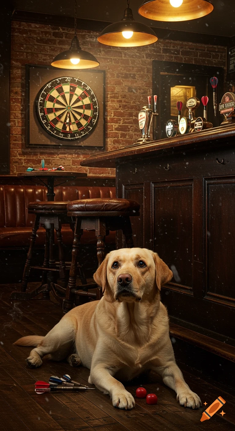Photorealistic image of a golden Labrador lying on the floor of a rustic pub with a dartboard and beer taps in the background.