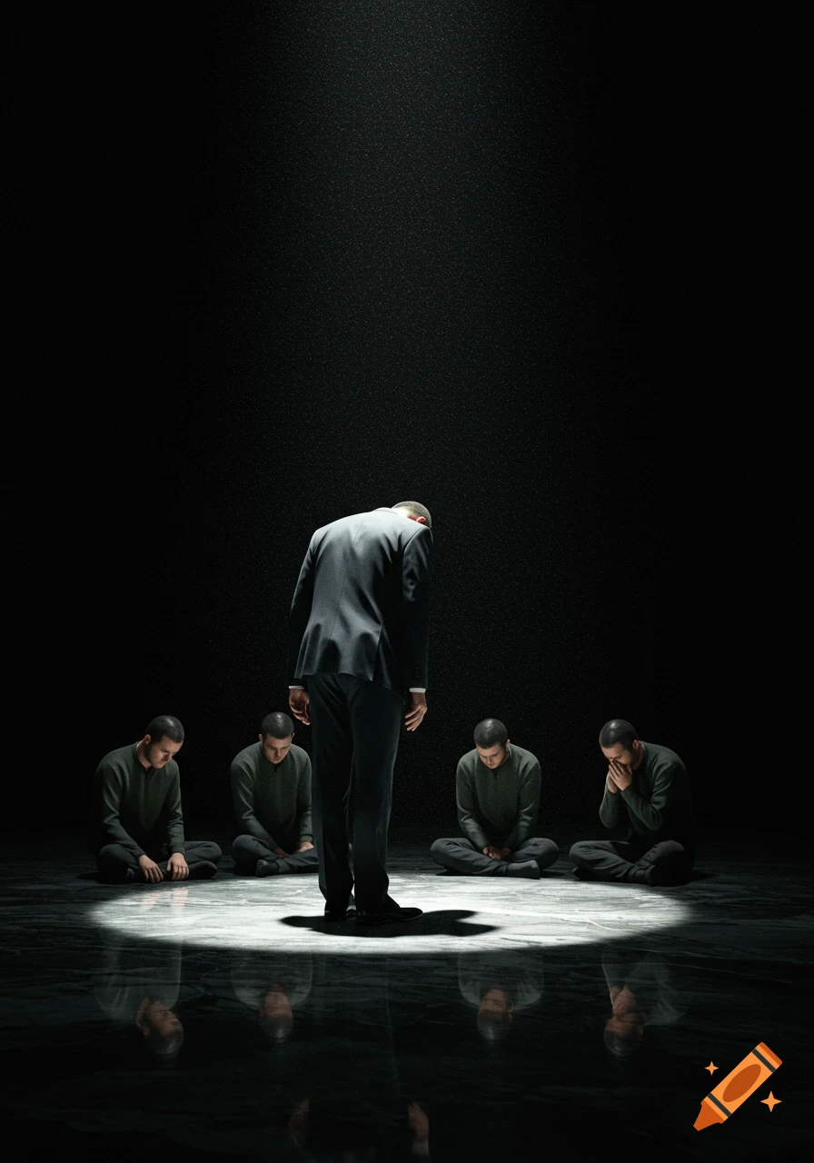A man in a suit bows under a spotlight, surrounded by four seated men on a reflective floor in a dark, dramatic scene.
