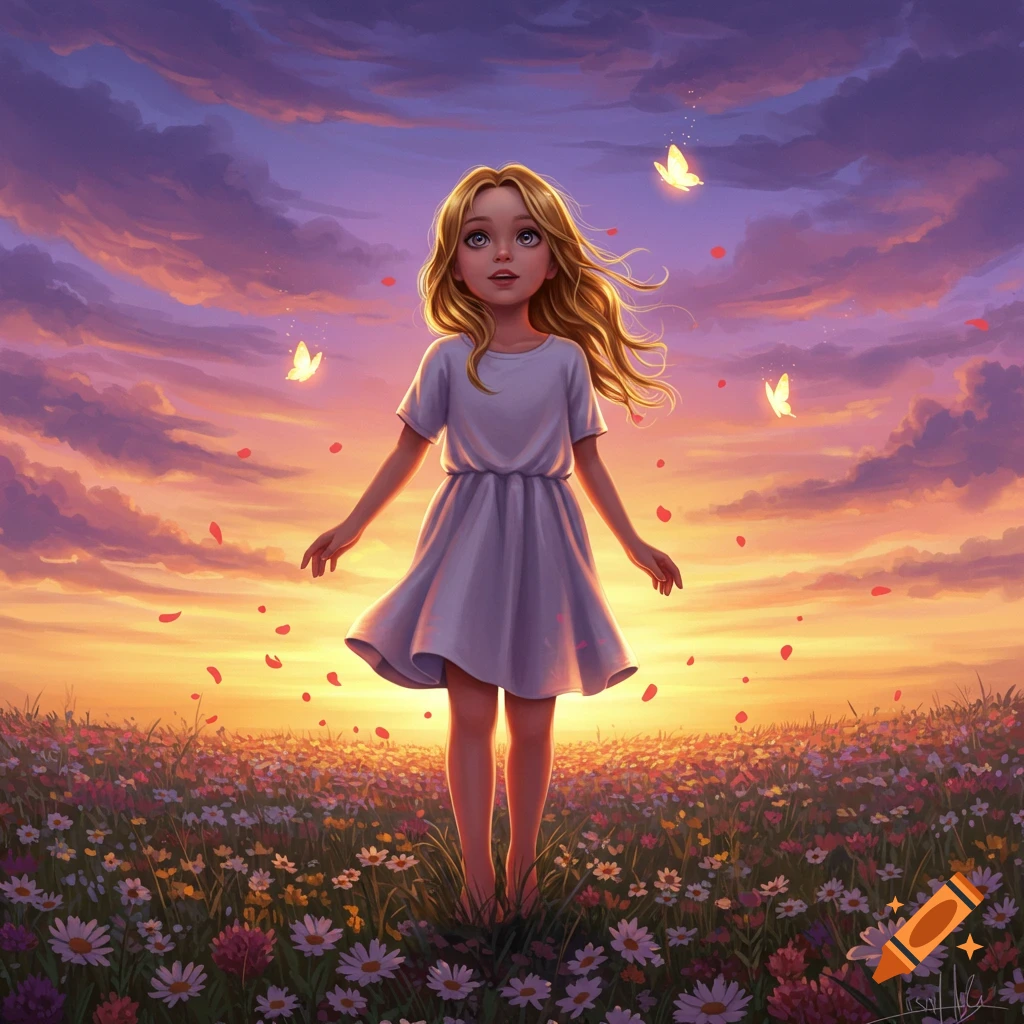An illustrated young girl with blonde hair in a white dress stands barefoot in a vibrant field of wildflowers at sunset, with butterflies.