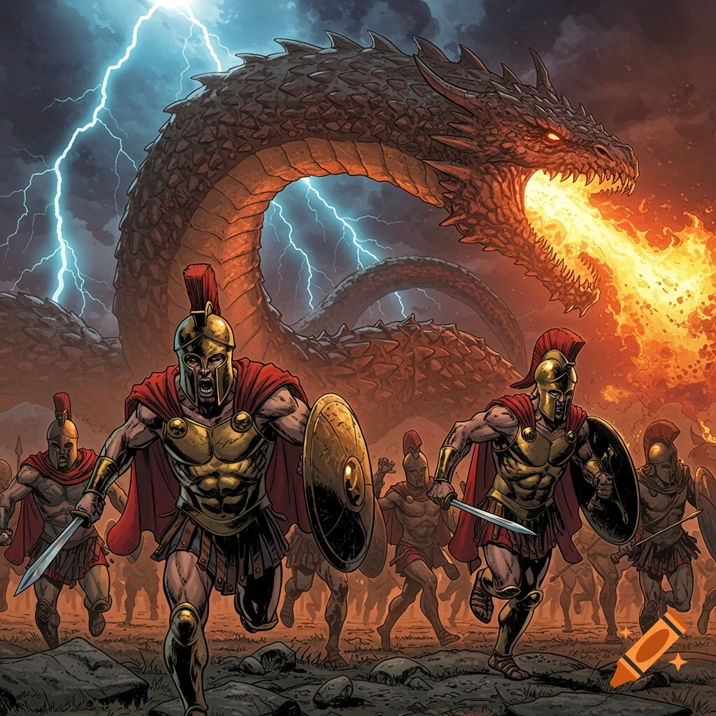 Comic art of Spartan warriors running from a fire-breathing dragon under a lightning-filled sky.