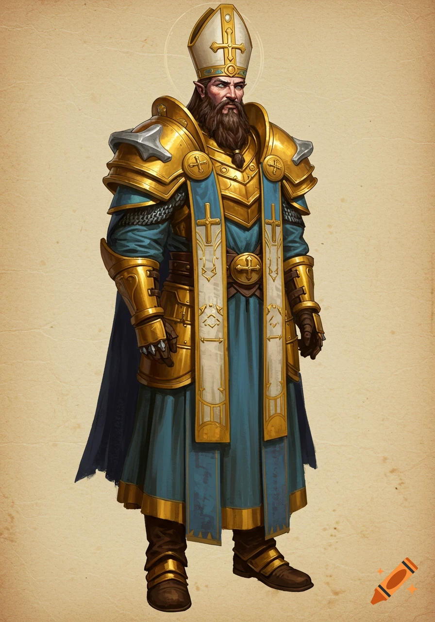 Digital painting of a bearded fantasy priest in golden and blue ornate armor and a tall cap, standing against a parchment background.