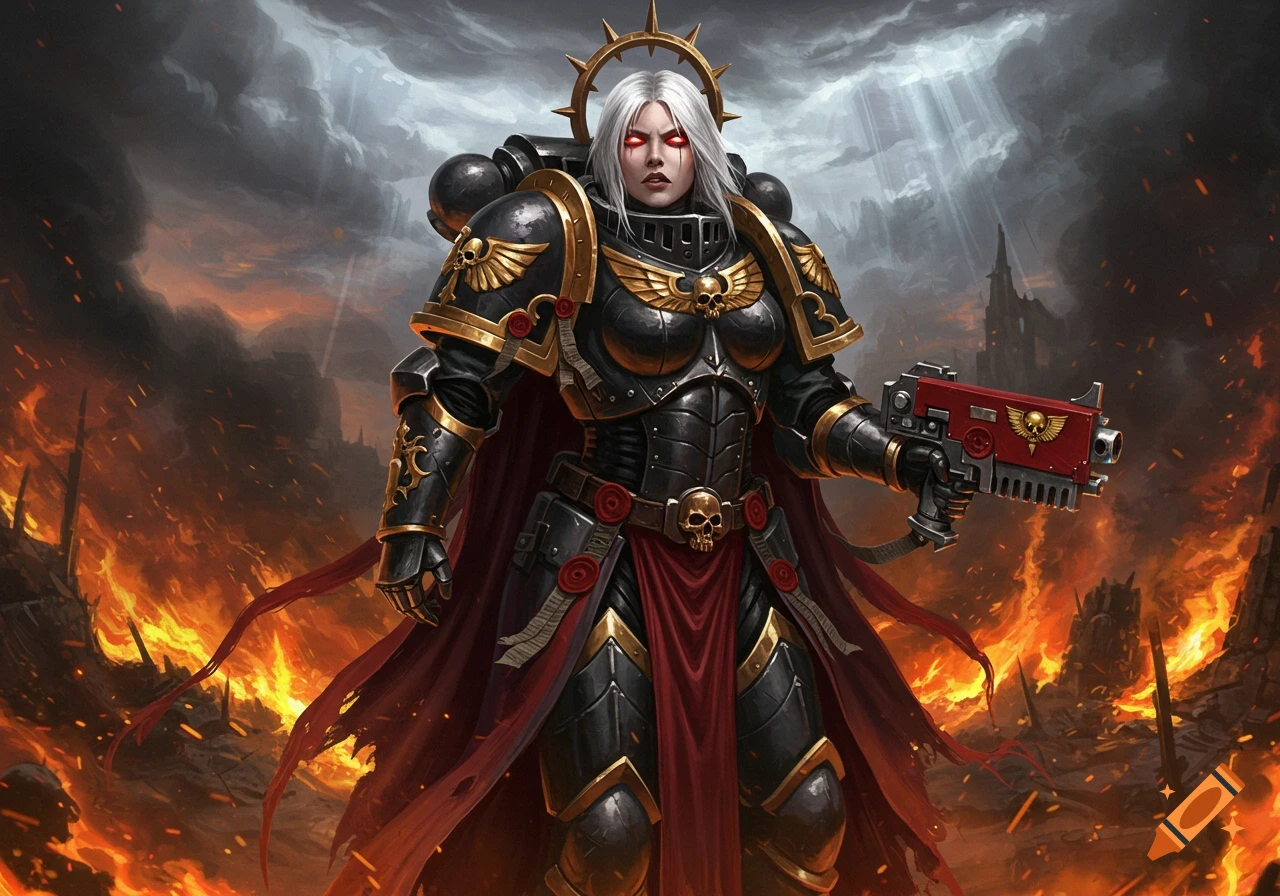 Female warrior in black and gold power armor with white hair and red eyes, holding a gun amidst a fiery, war-torn landscape.