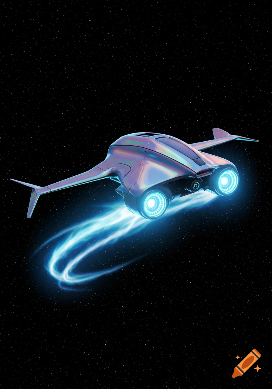 A sleek, iridescent futuristic spacecraft with glowing blue thrusters flies through a star-filled space.