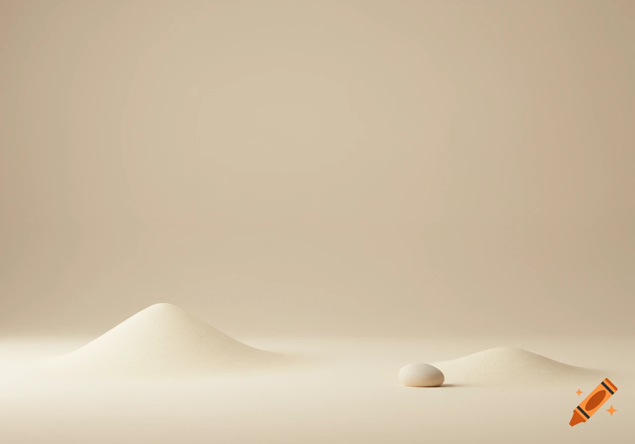 A minimalist image featuring two small sand dunes and a smooth pebble on a plain light beige background.