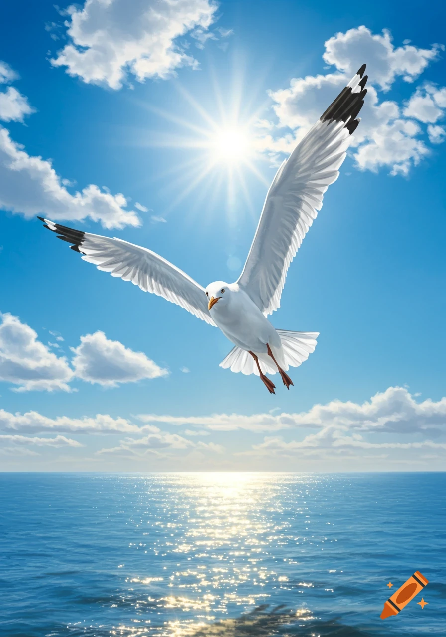 A white seagull with black-tipped wings soars above a sparkling blue ocean under a bright, cloudy sky, photorealistic.