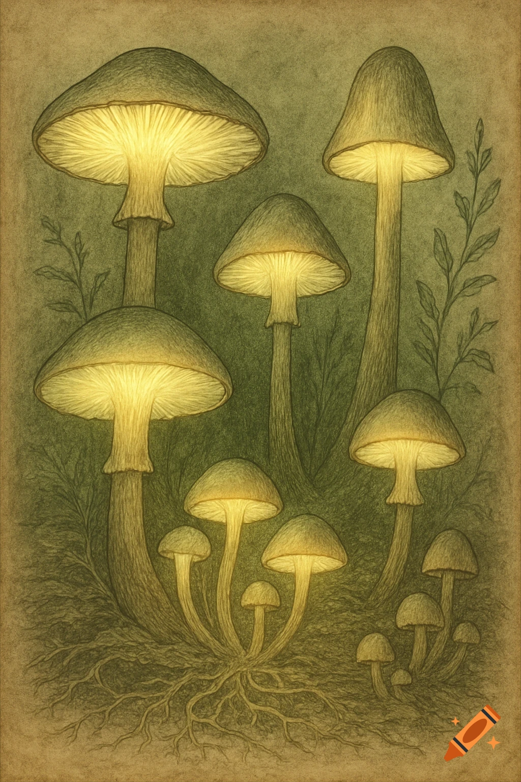 Vintage botanical illustration of several glowing mushrooms with exposed roots on a sepia-toned background.