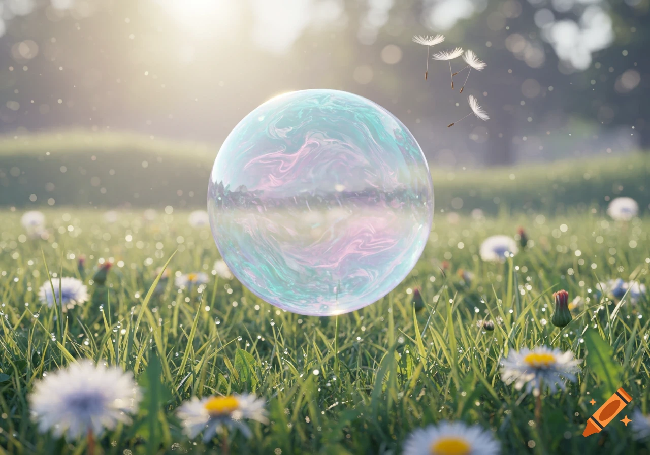 A large, iridescent bubble floats in a sun-drenched grassy field with dandelions and dew drops, with dandelion seeds floating nearby.