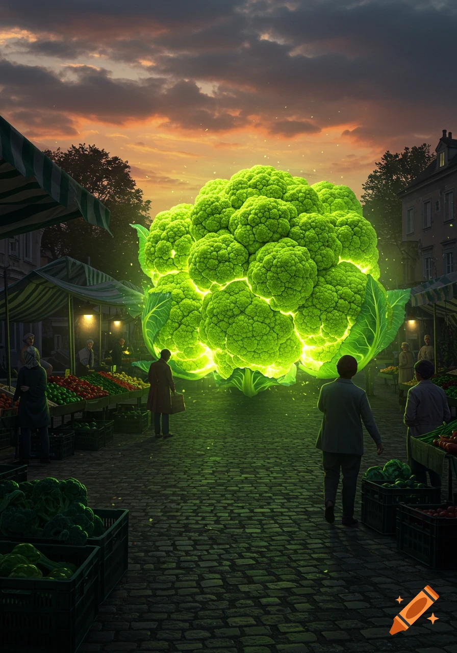 A giant, glowing green cauliflower stands monumentally in a bustling European market square at sunset, as people look on in wonder.