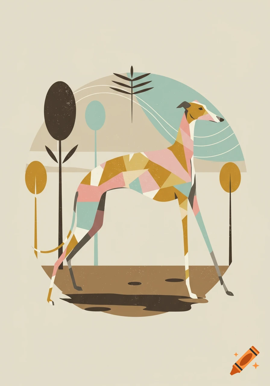 A midcentury modern geometric art illustration of a colorful greyhound with exaggerated long legs, abstract trees in the background.