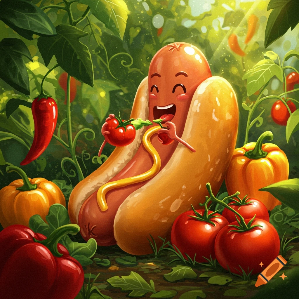 A happy cartoon hotdog character in a lush garden, holding and eating a small tomato and pepper. Vibrant illustration.