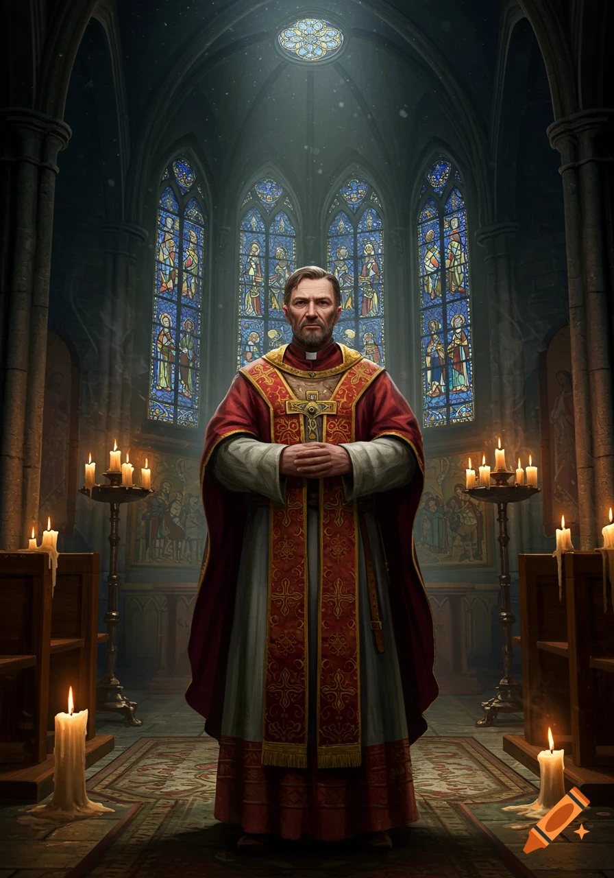 A serious-looking cleric in red and gold vestments stands in a dimly lit, ornate church with stained glass windows and lit candles.