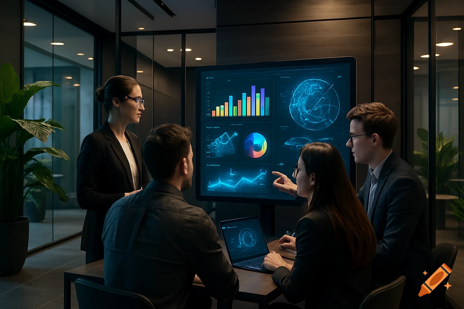 Four business professionals in a modern office meeting room reviewing data visualizations on a large screen and laptop in a photorealistic style.