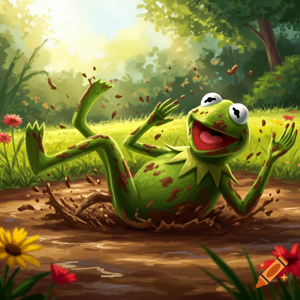 Kermit the Frog joyfully splashes and rolls in a muddy puddle, laughing in a vibrant outdoor illustration with green foliage and flowers.