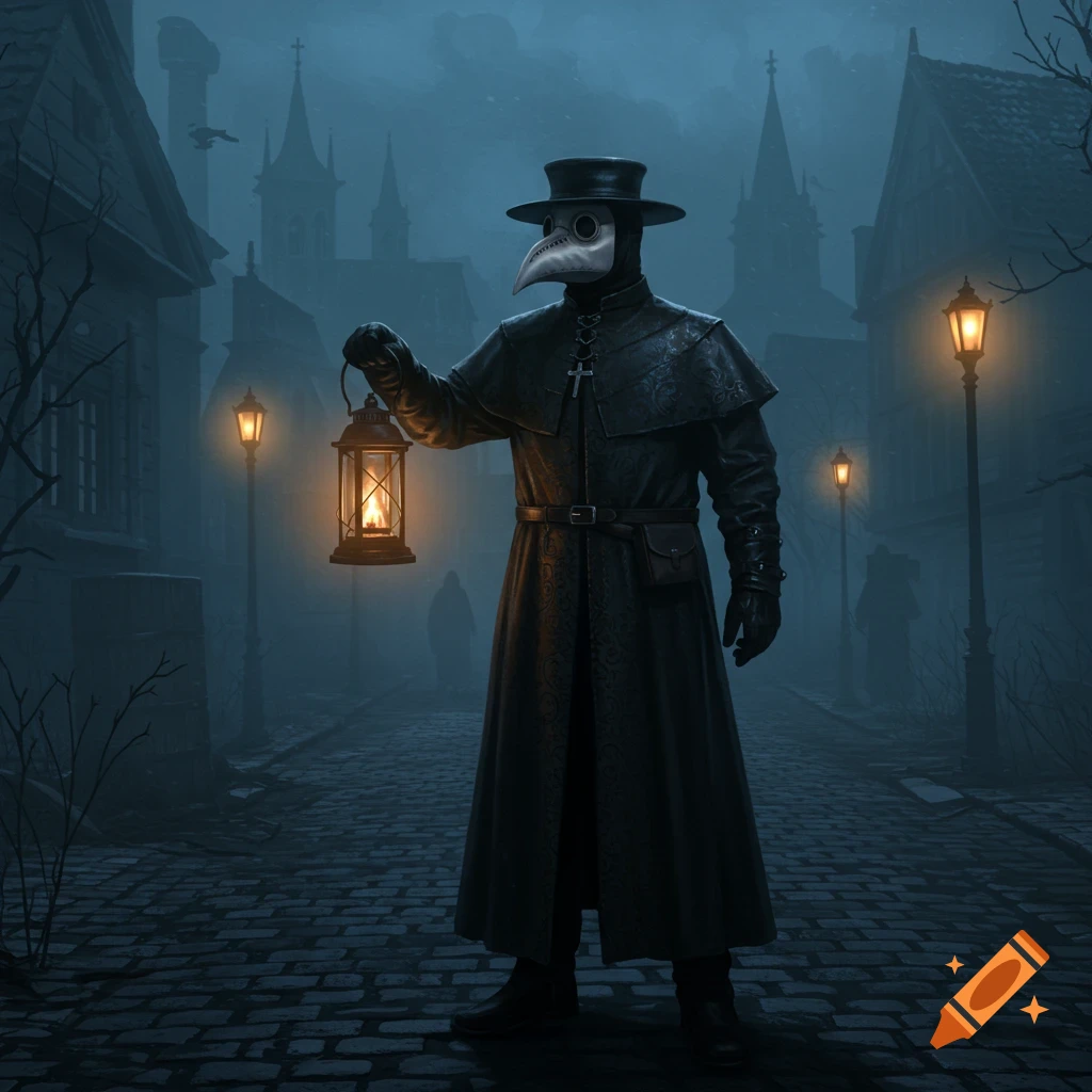 A plague doctor in a long dark coat and bird-like mask holds a lit lantern on a cobblestone street in a foggy, old European town at night.