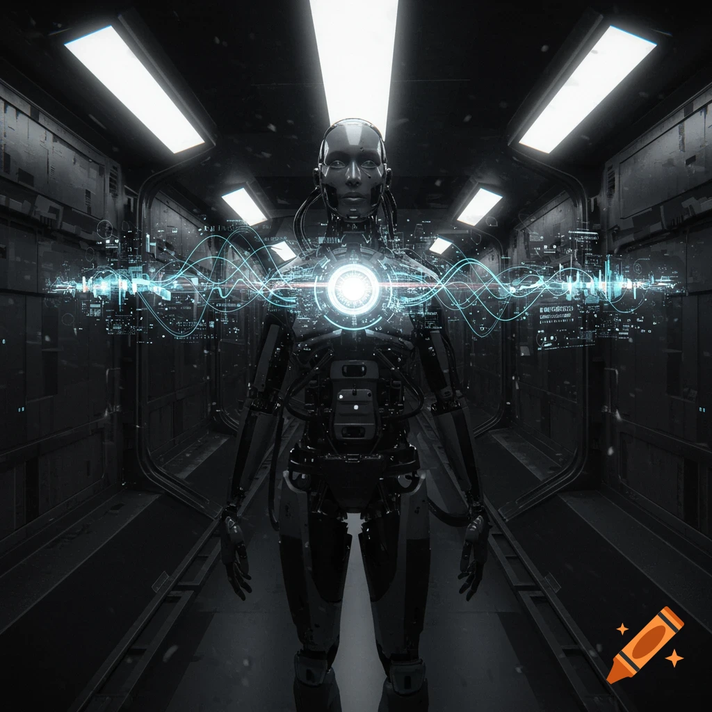 A detailed robotic humanoid stands in a dark futuristic corridor with glowing blue energy and data waveforms around its chest.