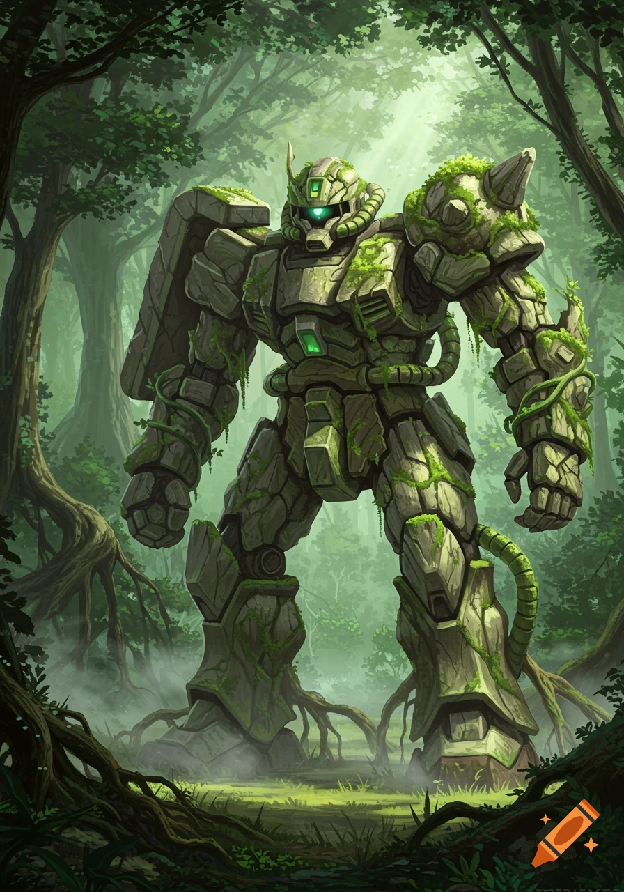 A towering, moss-covered Zaku robot made of stone with glowing green accents stands in a lush, misty forest, digital painting.