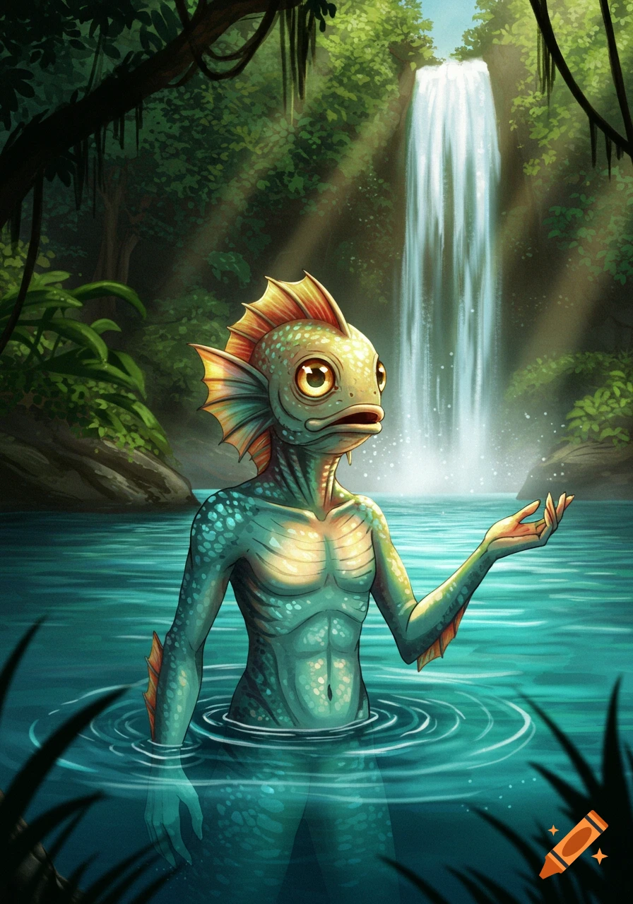 Stylized illustration of a fish-person standing in a jungle pool with a waterfall and sunbeams.