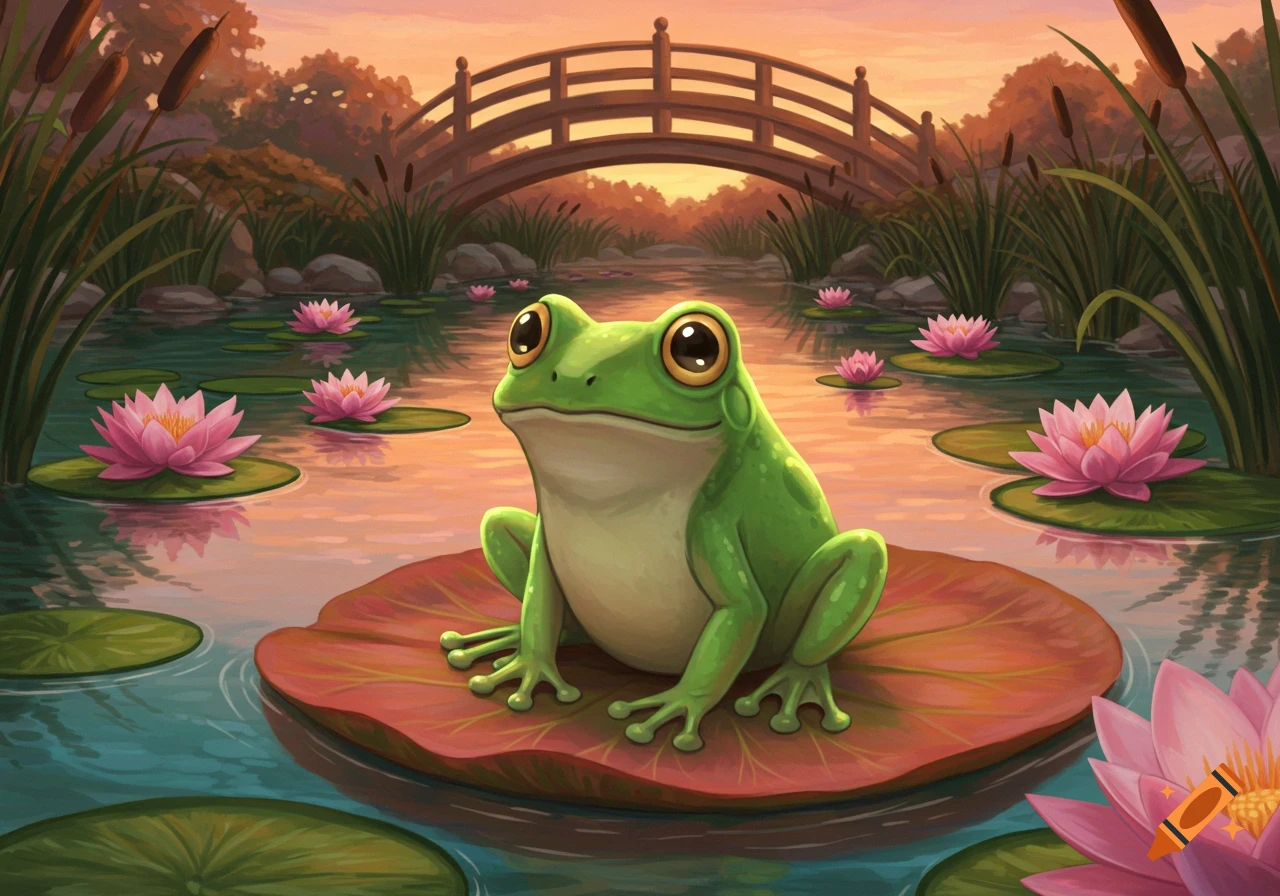 A cute green anime frog sits on a red lily pad in a pond filled with pink water lilies, with a wooden bridge in the background at sunset.